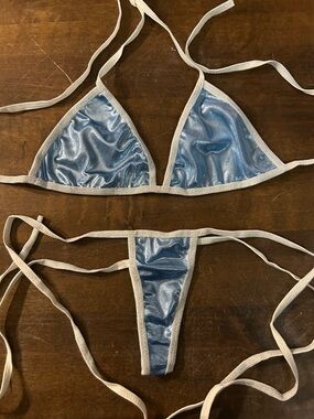 NWOT Sexy Skimpy Handmade Metallic Baby Blue Triangle Top Thong Bottom Bikini